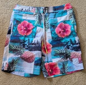 American Eagle Floral Tropical Pineapple Print Board Swim Trunk Shorts Mens M